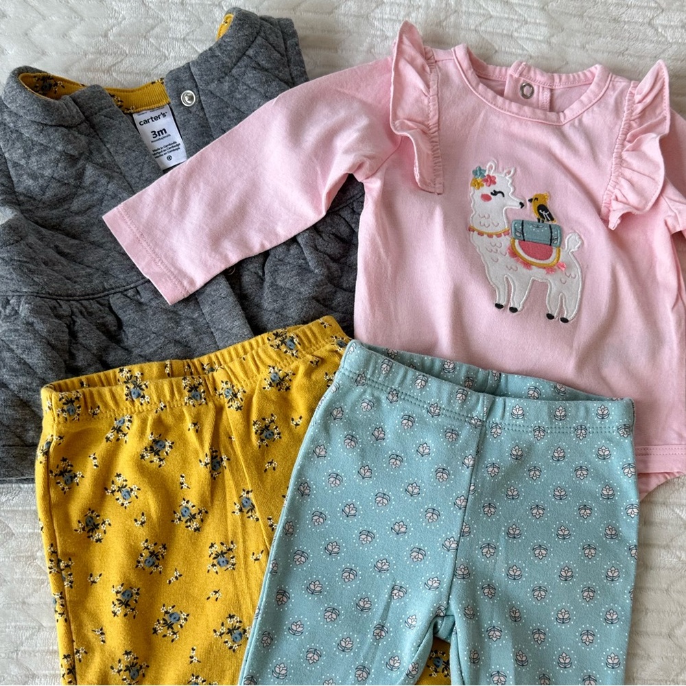 Carter’s 4 piece set | Turquoise, yellow, gray, pink | 3 months